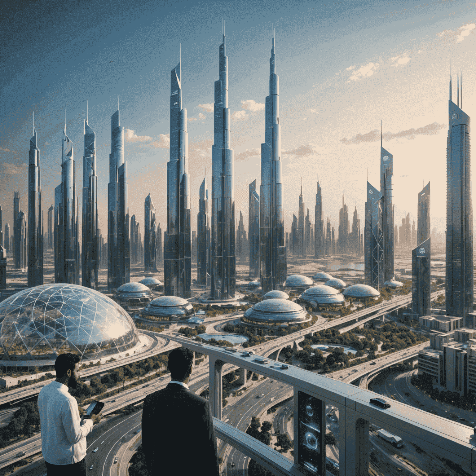 A futuristic cityscape with 5G towers and people using mobile devices, showcasing the advanced connectivity in UAE