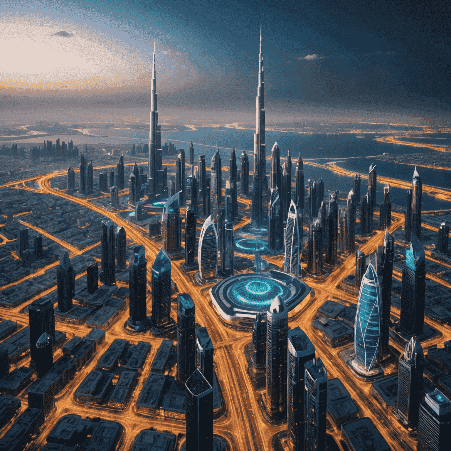 Futuristic cityscape of Dubai with 5G network visualization overlay, showcasing advanced telecommunications infrastructure