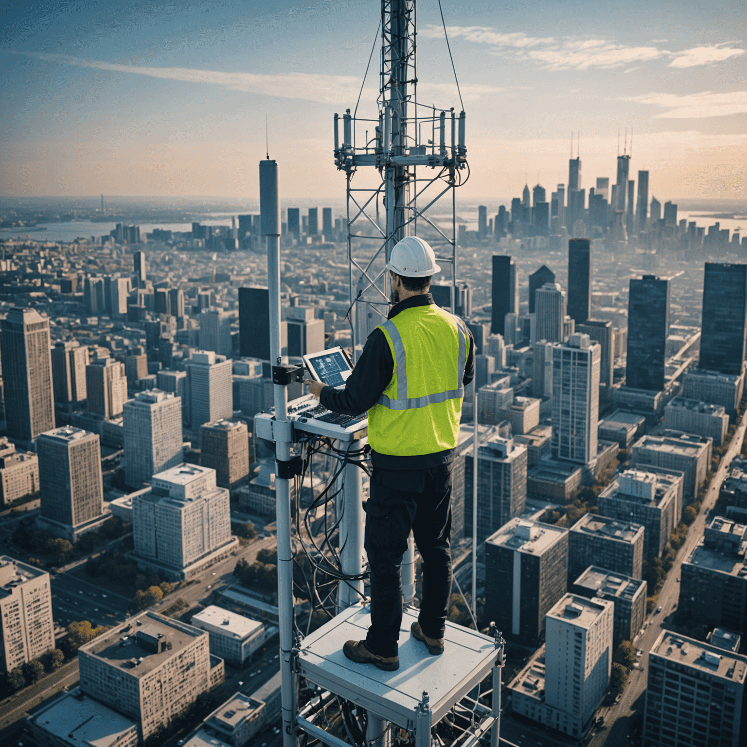 A technician installing 5G equipment on a cellular tower, with a cityscape in the background showcasing the wide coverage of our 5G network